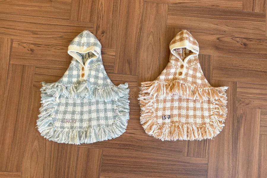 【予約】チェック ポンチョ ニット コート（ネーム刺繍可）