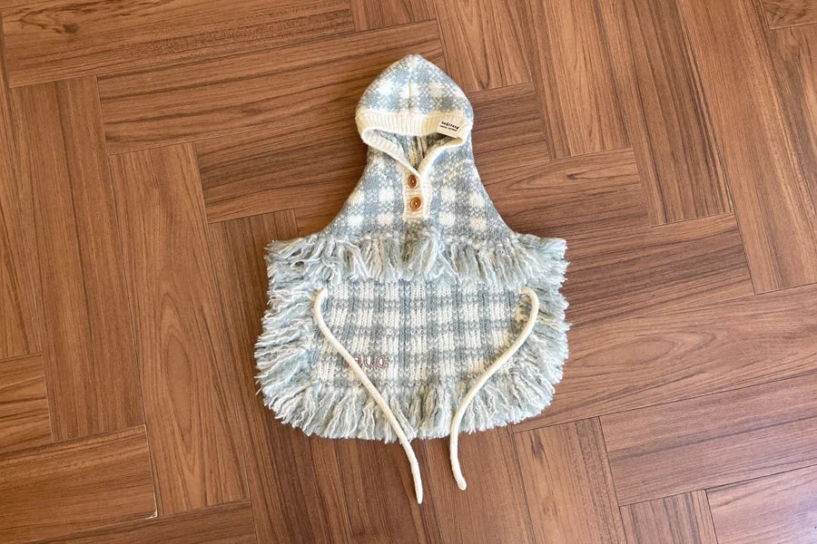 【予約】チェック ポンチョ ニット コート（ネーム刺繍可）