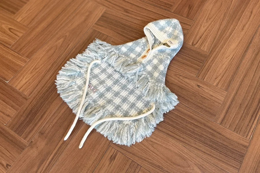 【予約】チェック ポンチョ ニット コート（ネーム刺繍可）